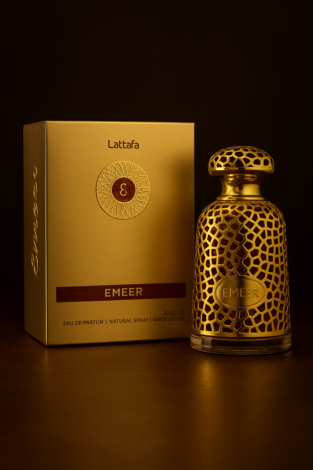 EMEER de Lattafa – Perfume árabe unisex con madera, especias y frescura